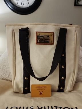Authentic LV Cream and Brown Antigua Cabas PM Canvas Tote with Gold Plaque